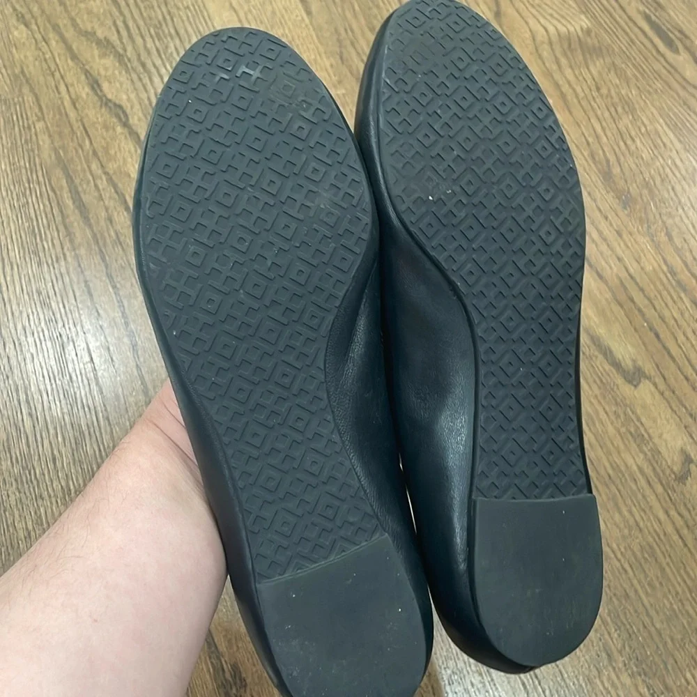 Tory Burch Black Leather Raphael Logo Ballet Flats Sz 8.5 Like New
